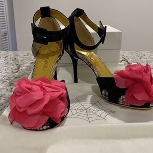 Charlotte Olympia ‘Faye’ Black Silk Satin Peep Toe Heels SZ 38